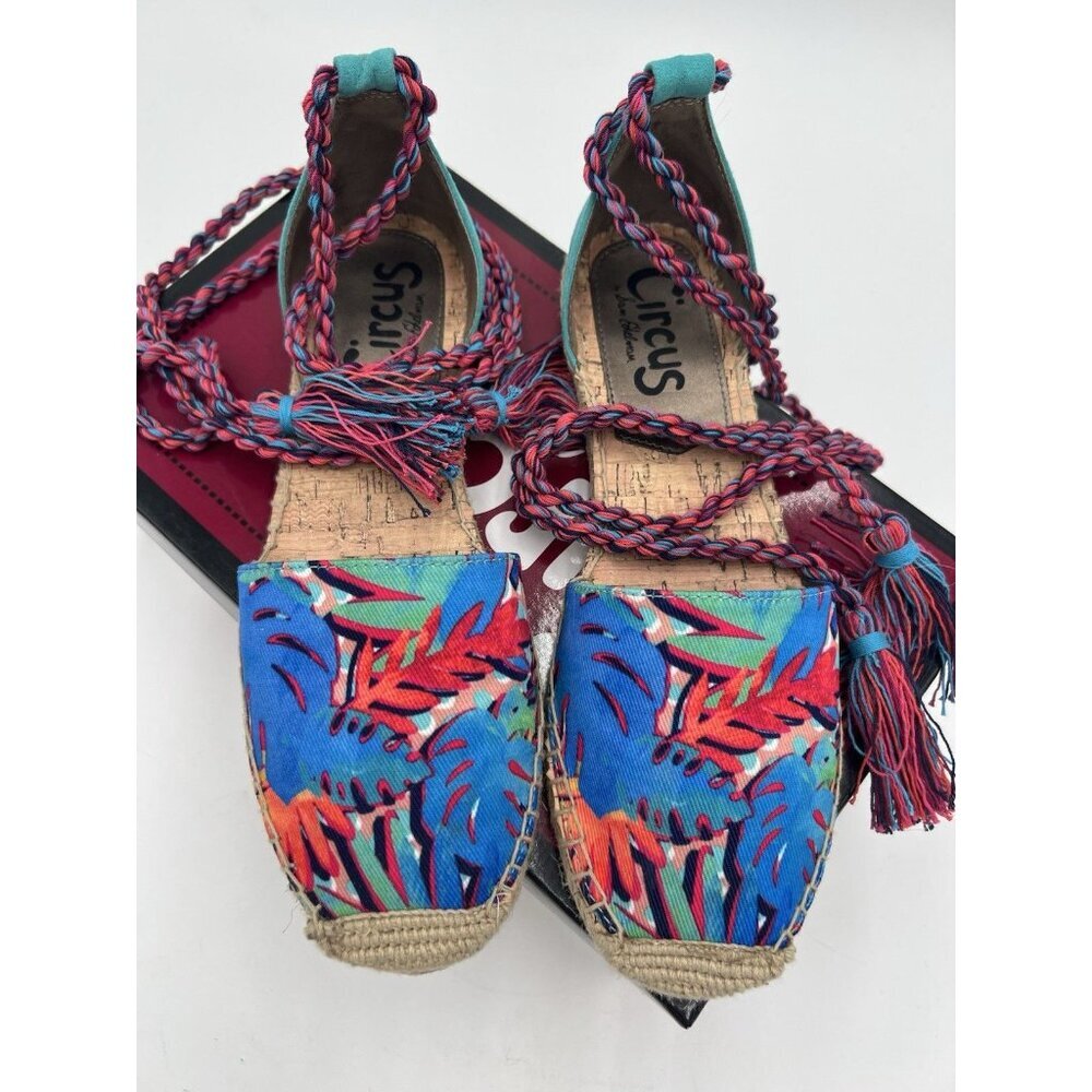Circus Sam Edelman Boho Espadrille 8.5M Tropical Print Ankle Tie Tassel Festival - Picture 4 of 9